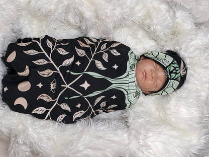 Witchy Baby Blanket  Band or Hat Luna Moth and Moon Phase Botanical Swaddle