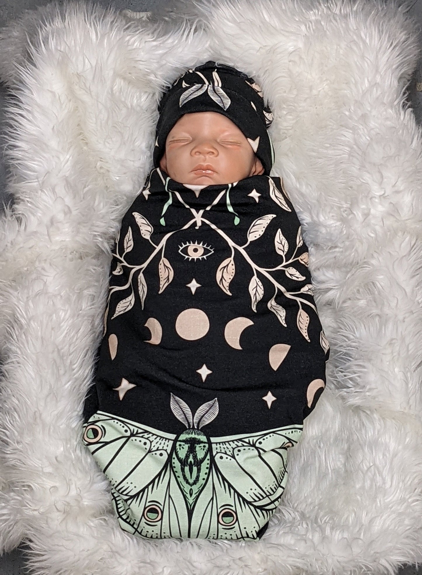 Witchy Baby Blanket  Band or Hat Luna Moth and Moon Phase Botanical Swaddle