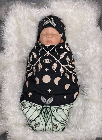 Witchy Baby Blanket  Band or Hat Luna Moth and Moon Phase Botanical Swaddle