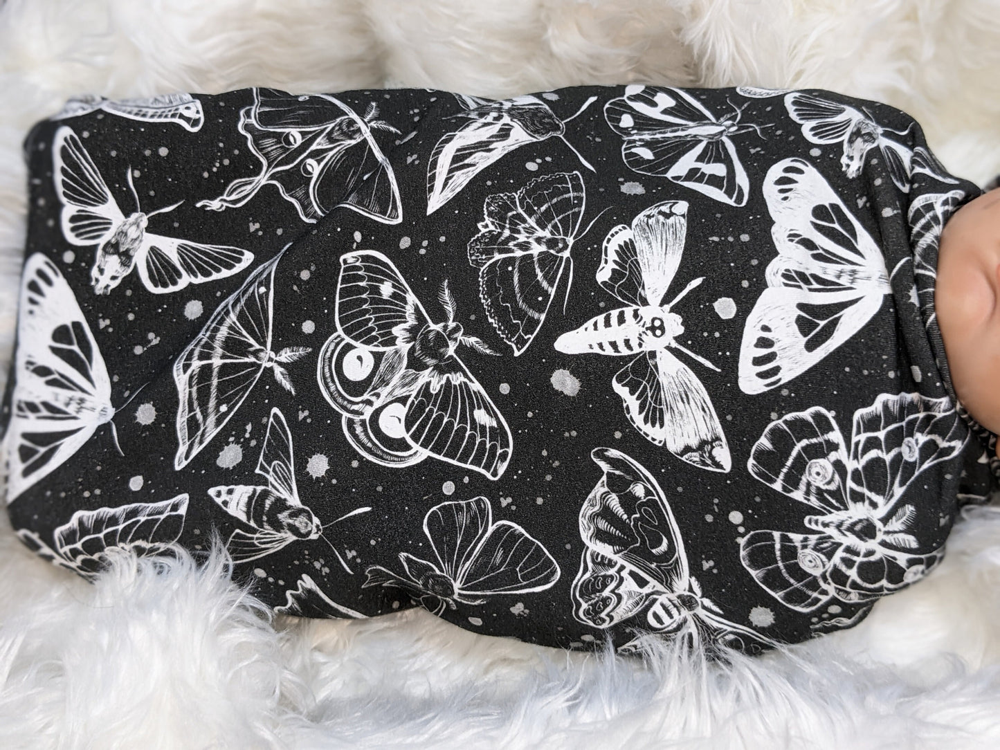 Goth Baby Swaddle,Witchy White Moths Blanket + Headband or Hat,Heavy Metal Baby,Death Moth Blanket,Paint Splatter Print,Fantasy Baby