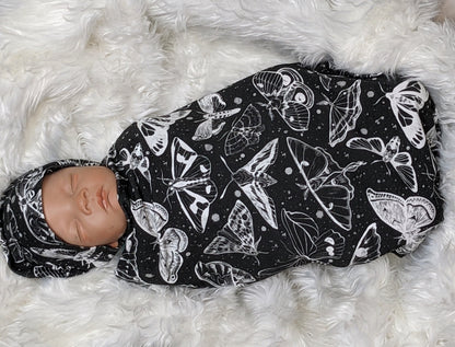 Goth Baby Swaddle,Witchy White Moths Blanket + Headband or Hat,Heavy Metal Baby,Death Moth Blanket,Paint Splatter Print,Fantasy Baby