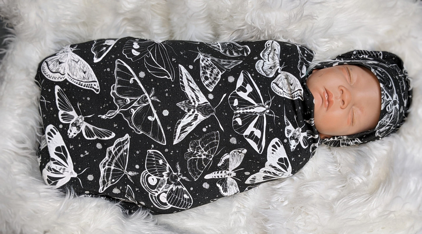 Goth Baby Swaddle,Witchy White Moths Blanket + Headband or Hat,Heavy Metal Baby,Death Moth Blanket,Paint Splatter Print,Fantasy Baby