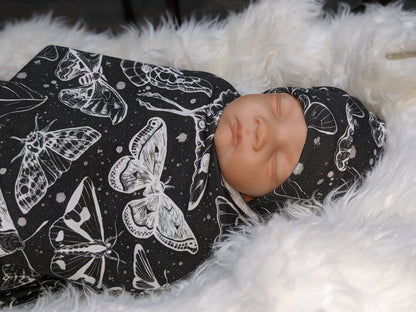 Goth Baby Swaddle,Witchy White Moths Blanket + Headband or Hat,Heavy Metal Baby,Death Moth Blanket,Paint Splatter Print,Fantasy Baby