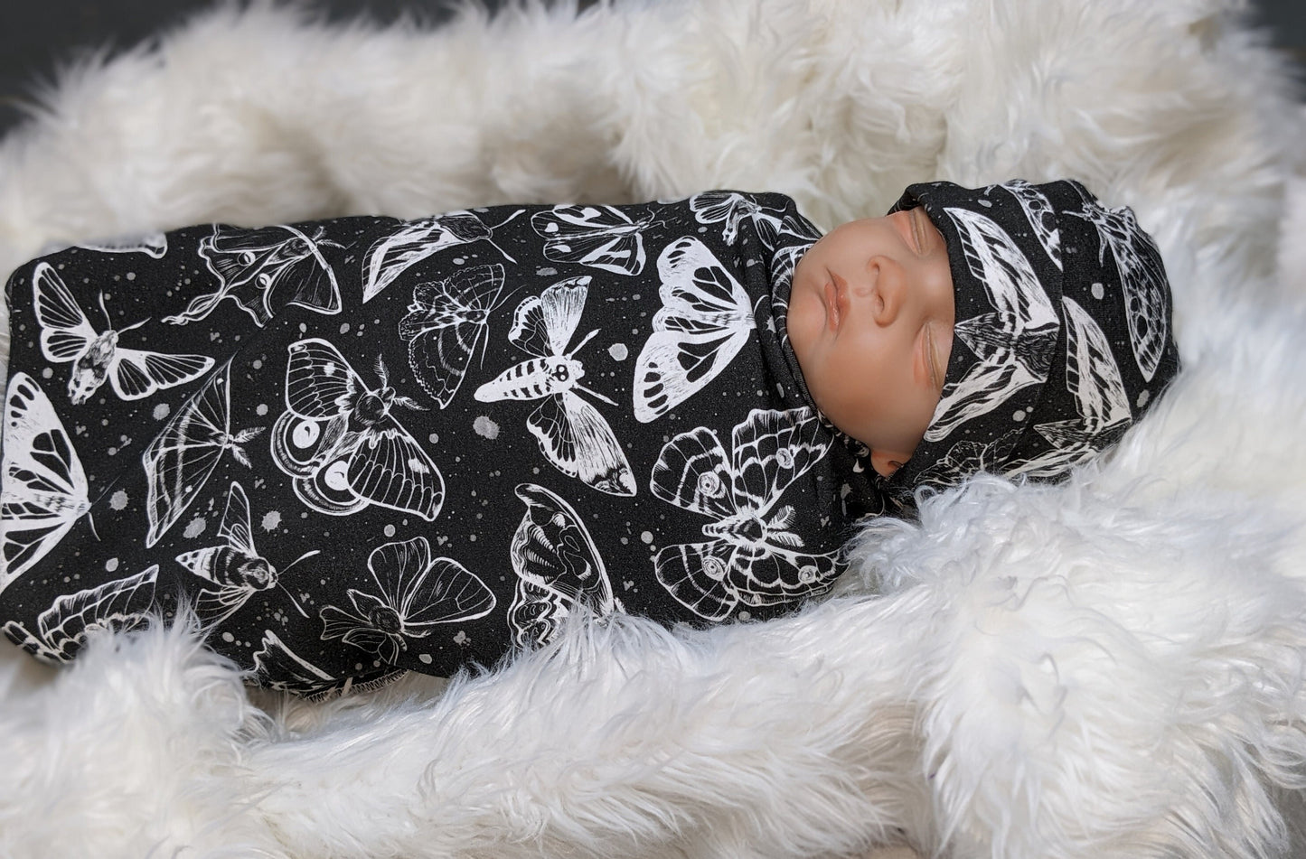 Goth Baby Swaddle,Witchy White Moths Blanket + Headband or Hat,Heavy Metal Baby,Death Moth Blanket,Paint Splatter Print,Fantasy Baby