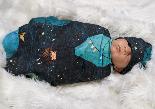 Hot Air Balloon Swaddle + Headband or Hat,Star Baby Blanket,Celestial,Woodland Animal Baby Blanket,Outdoor Adventure Awaits