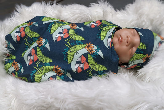 Mushroom Baby Blanket,Celestial Moon Moth Swaddle + Hat or Headband,Witchy Baby Stuff,Cottagecore