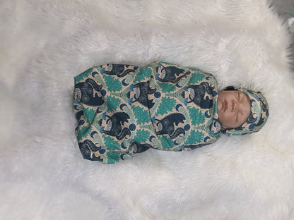 Mystic Forest Fox Newborn Swaddle Set with Matching Hat or Headband - Witchy Celestial Nature Design in Teal  Blue