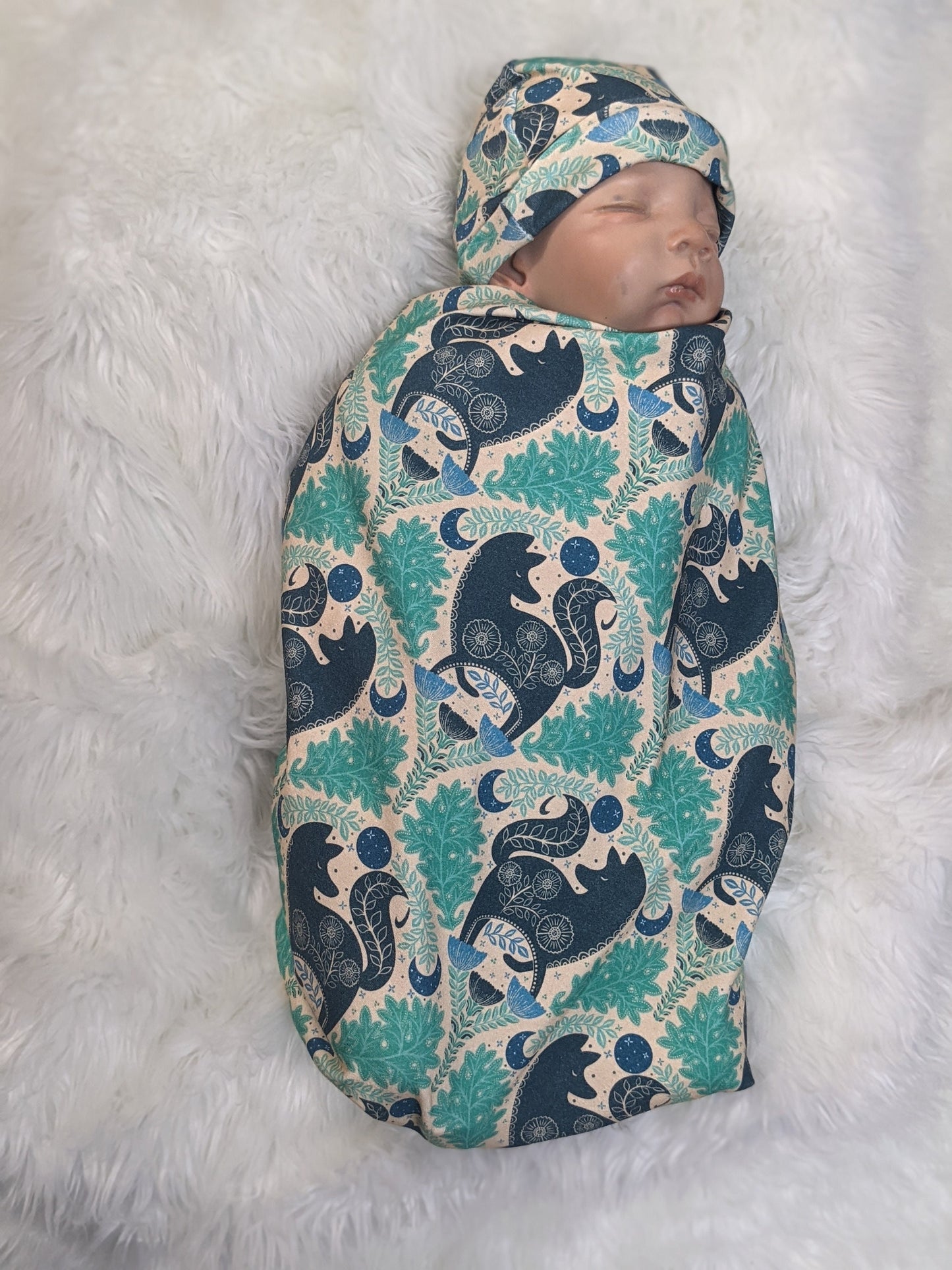 Mystic Forest Fox Newborn Swaddle Set with Matching Hat or Headband - Witchy Celestial Nature Design in Teal  Blue