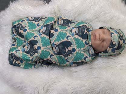Mystic Forest Fox Newborn Swaddle Set with Matching Hat or Headband - Witchy Celestial Nature Design in Teal  Blue