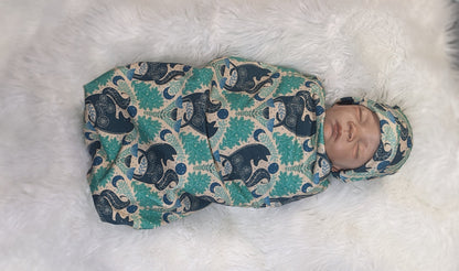 Mystic Forest Fox Newborn Swaddle Set with Matching Hat or Headband - Witchy Celestial Nature Design in Teal  Blue