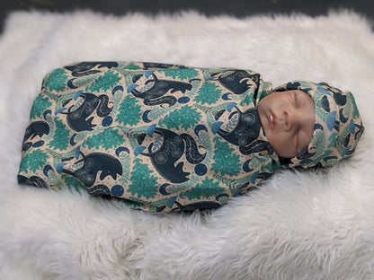Mystic Forest Fox Newborn Swaddle Set with Matching Hat or Headband - Witchy Celestial Nature Design in Teal  Blue