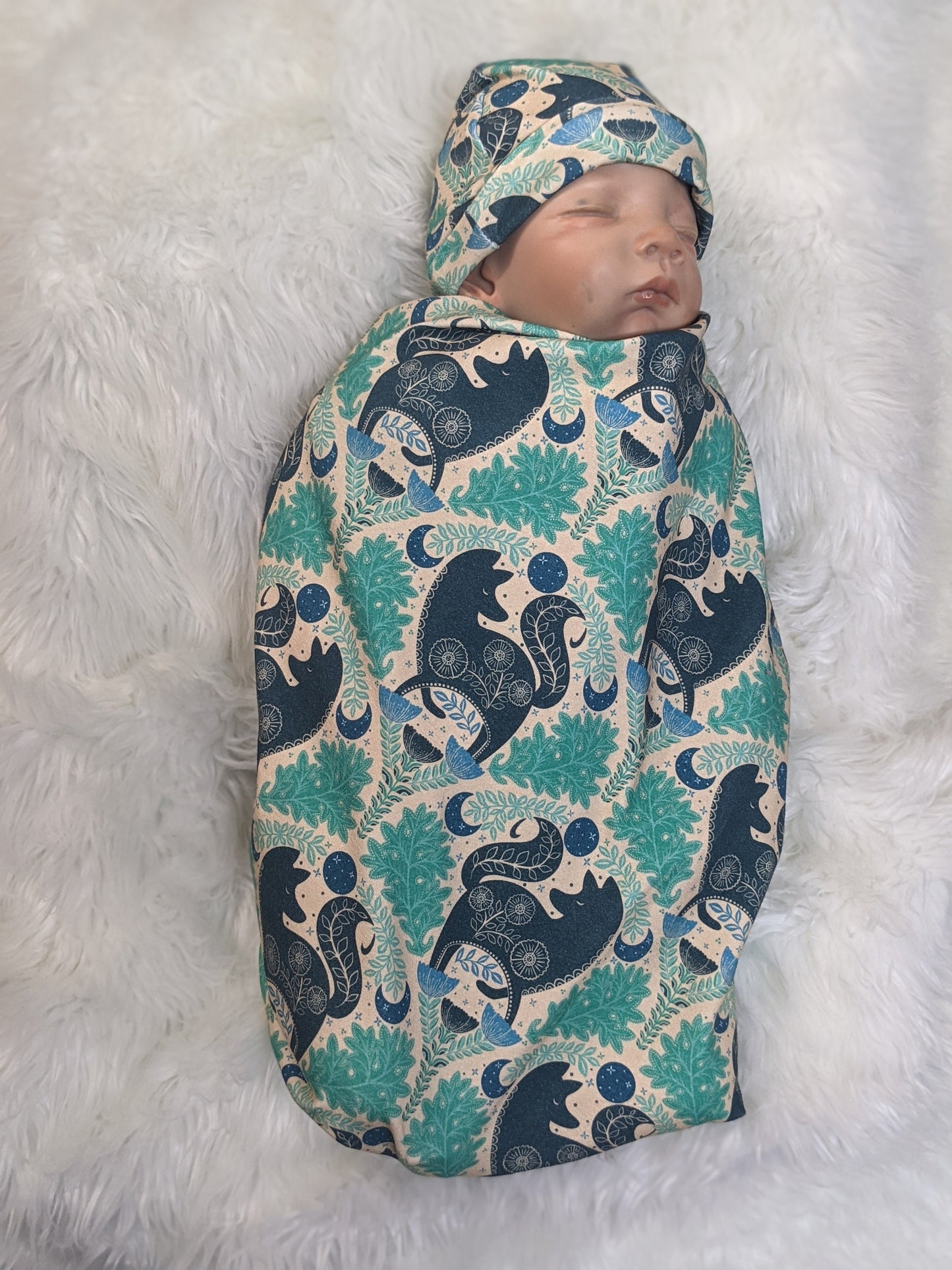 Mystic Forest Fox Newborn Swaddle Set with Matching Hat or Headband - Witchy Celestial Nature Design in Teal  Blue