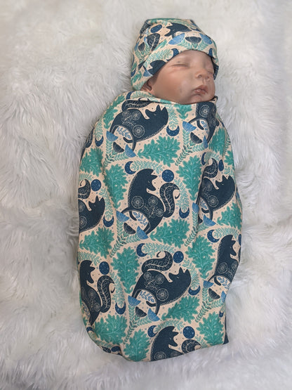 Mystic Forest Fox Newborn Swaddle Set with Matching Hat or Headband - Witchy Celestial Nature Design in Teal  Blue