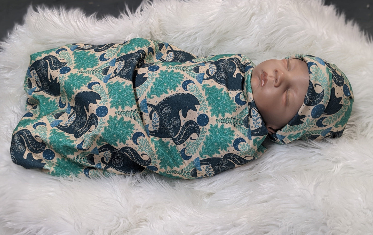 Mystic Forest Fox Newborn Swaddle Set with Matching Hat or Headband - Witchy Celestial Nature Design in Teal  Blue
