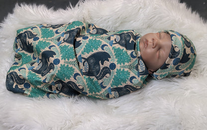 Mystic Forest Fox Newborn Swaddle Set with Matching Hat or Headband - Witchy Celestial Nature Design in Teal  Blue