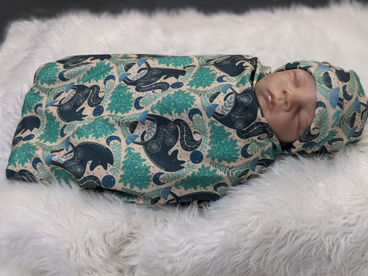 Mystic Forest Fox Newborn Swaddle Set with Matching Hat or Headband - Witchy Celestial Nature Design in Teal  Blue