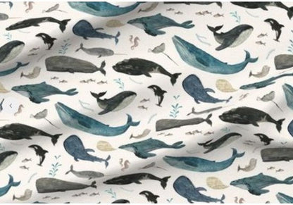 Watercolor Whale Baby Swaddle with Band or Beanie - Nautical Ocean Nursery Set