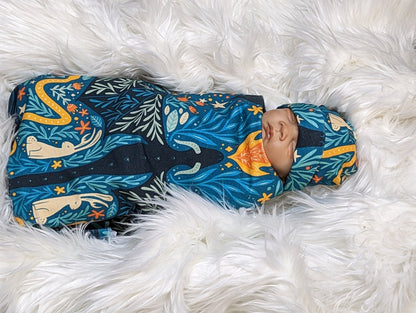 Dragon Baby Swaddle + Hat or Band,WhimsiGoth Baby Stuff,Fantasy Nursery,Gryphon Cat Goth Baby,Blue Slate Soft & Stretch,Bats,