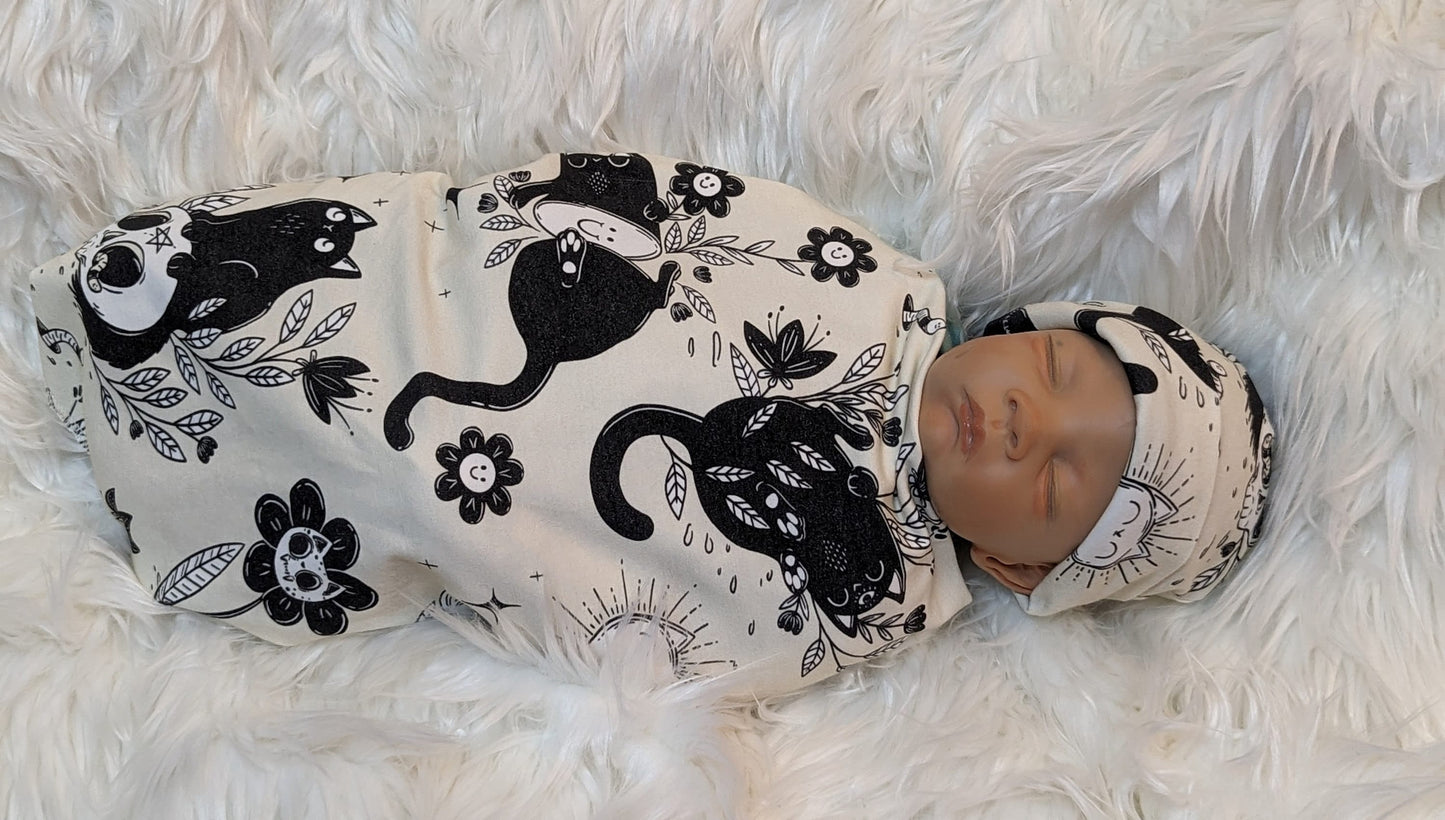 Goth Baby Stuff,Real Cool Cat + Headband or Hat,Kawaii Emo Baby,Whimisigoth psychedelic third eye,Mushroom Baby Blanket,