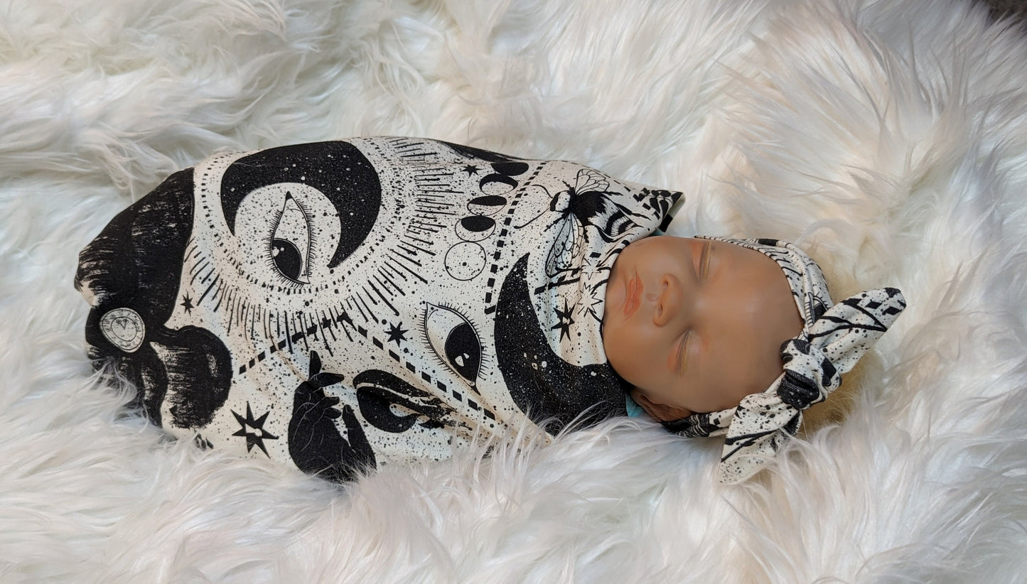 Fantasy Nursery Black  White Witchy Baby Swaddle  Hat Set with Bunny Bee and Crescent Moon Designs
