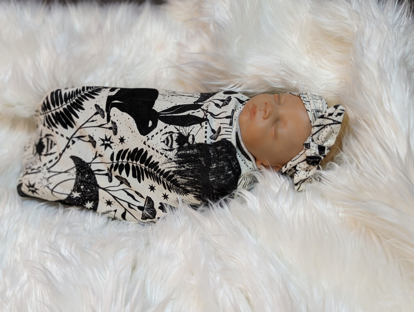 Fantasy Nursery Black  White Witchy Baby Swaddle  Hat Set with Bunny Bee and Crescent Moon Designs