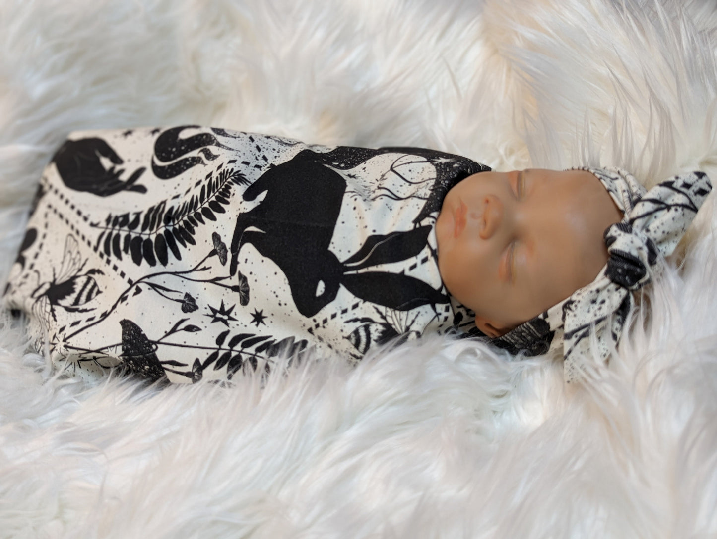 Fantasy Nursery Black  White Witchy Baby Swaddle  Hat Set with Bunny Bee and Crescent Moon Designs