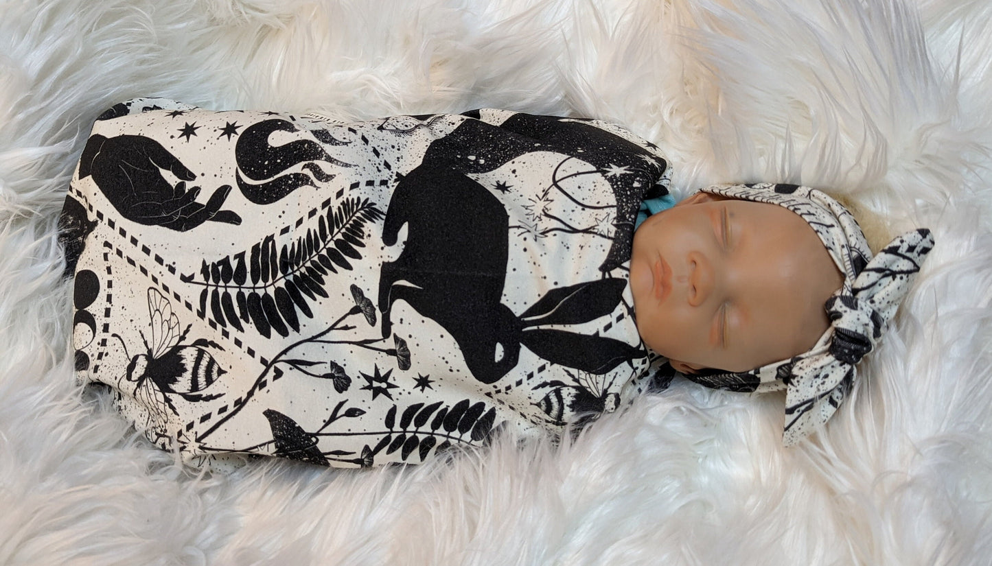 Fantasy Nursery Black  White Witchy Baby Swaddle  Hat Set with Bunny Bee and Crescent Moon Designs