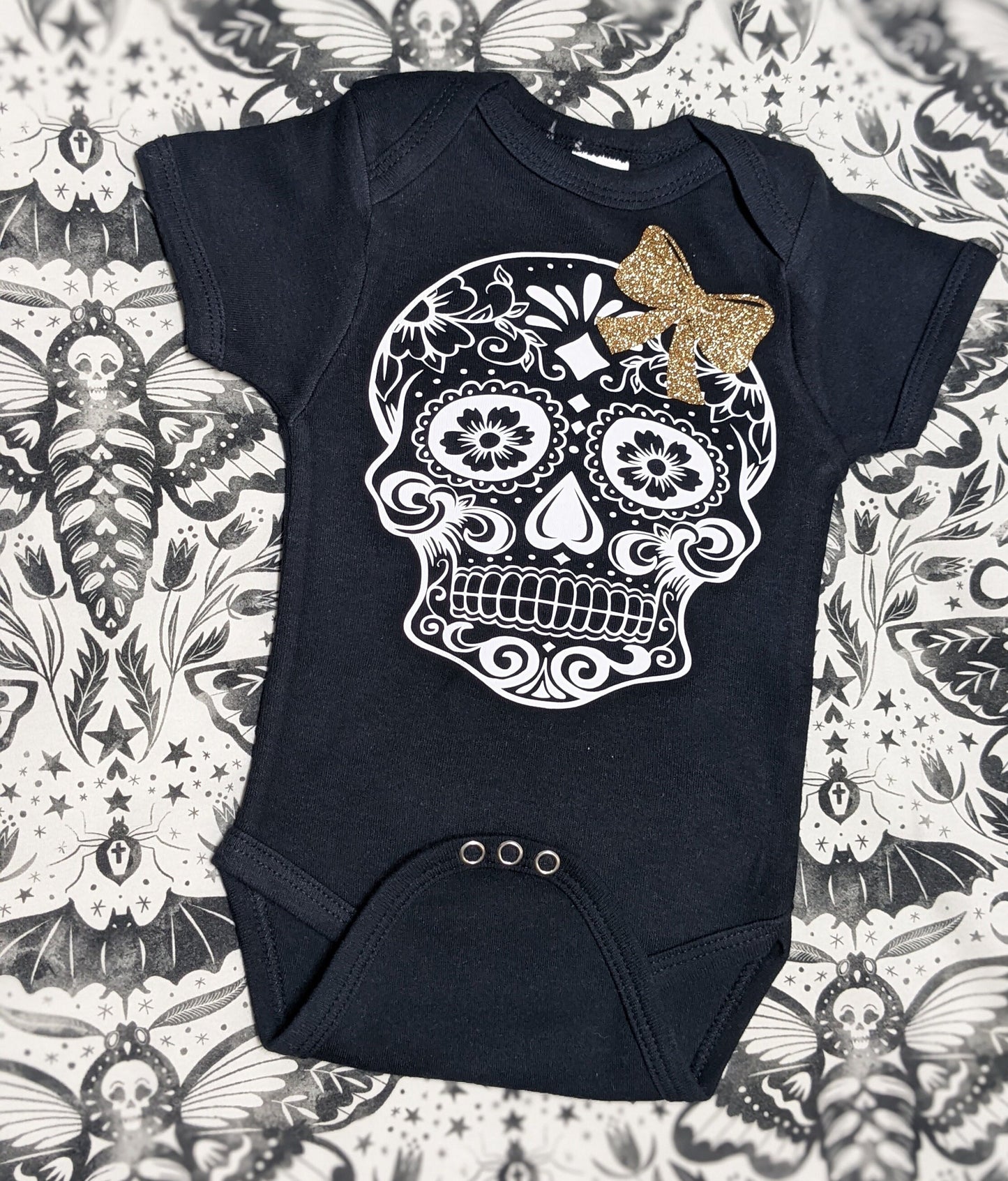 Goth Baby Clothes,Sugar Skull Shirt + Damask Deathshead Moth cuffed Pant & Hat or Headband,Emo Baby Stuff,Hawkmoths,Gothic Kids clothing
