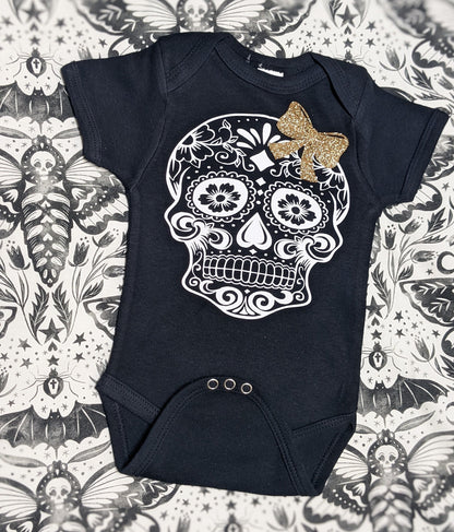 Goth Baby Clothes,Sugar Skull Shirt + Damask Deathshead Moth cuffed Pant & Hat or Headband,Emo Baby Stuff,Hawkmoths,Gothic Kids clothing