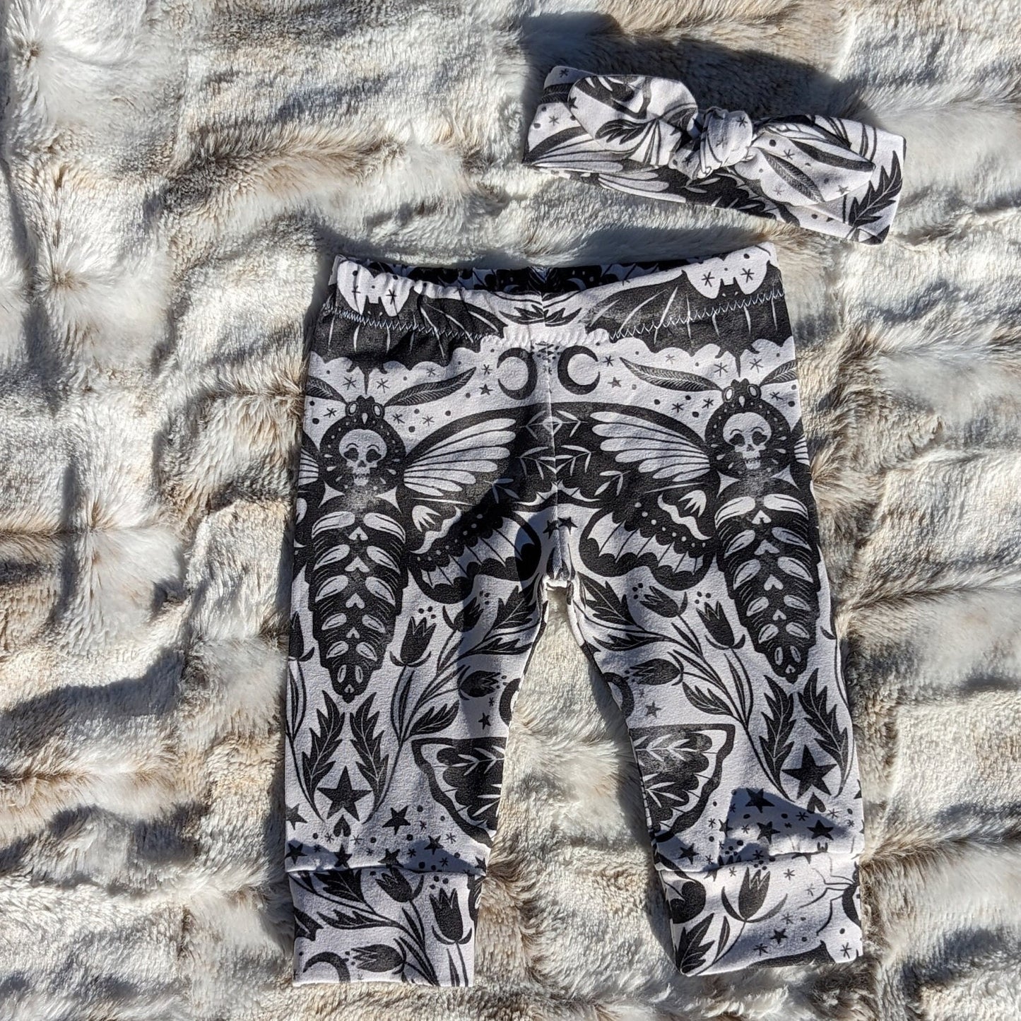 Goth Baby Clothes,Sugar Skull Shirt + Damask Deathshead Moth cuffed Pant & Hat or Headband,Emo Baby Stuff,Hawkmoths,Gothic Kids clothing