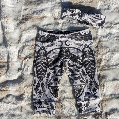 Goth Baby Clothes,Sugar Skull Shirt + Damask Deathshead Moth cuffed Pant & Hat or Headband,Emo Baby Stuff,Hawkmoths,Gothic Kids clothing