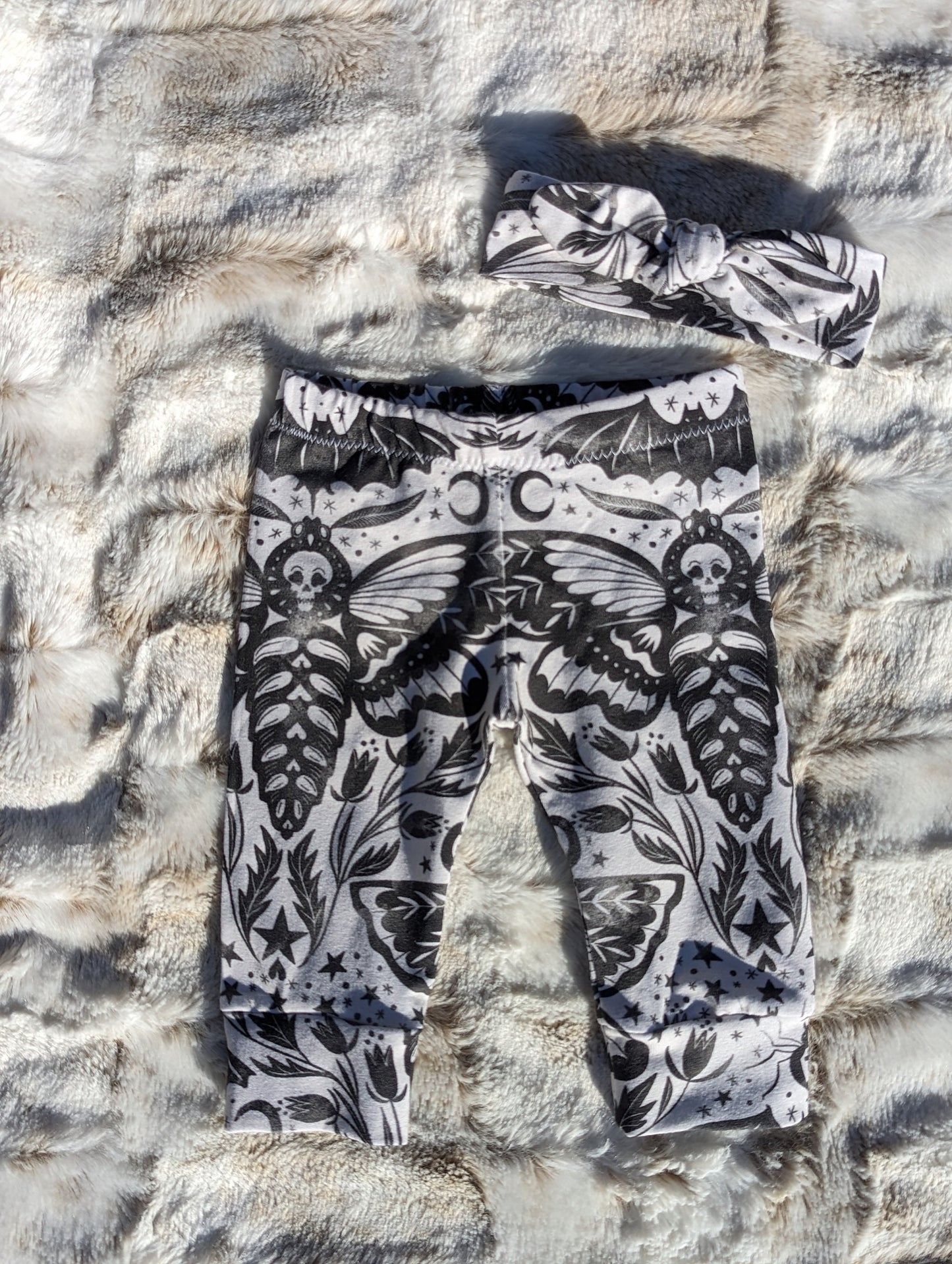 Goth Baby Clothes,Sugar Skull Shirt + Damask Deathshead Moth cuffed Pant & Hat or Headband,Emo Baby Stuff,Hawkmoths,Gothic Kids clothing