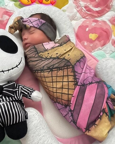 Goth Baby Swaddle Blanket + Matching Headband or Cuffed Beanie in Sally Rag Doll Scraps,Nightmare Goth Baby,Halloween Swaddle