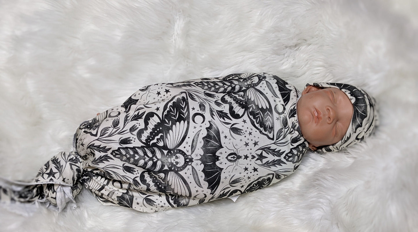 Goth Baby Swaddle with Hat or Headband, Eclectic Gothic Fashionista,Soft & Stretchy Baby Blanket whimsical pattern for alternative parents